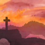 Easter scene with cross. Jesus Christ. Watercolor vector illustration